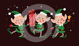 Set of different cute little Santa elves characters with gift box, ring bell, dance isolated.