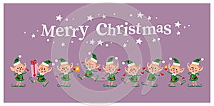 Set of different cute little Santa elves characters and Merry Christmas text congratulation isolated.