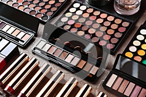 Set of different decorative cosmetics. Professional makeup products