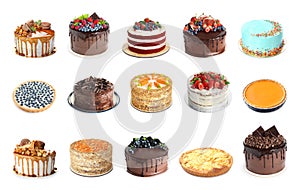 Set of different delicious cakes isolated