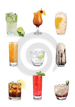 Set of different delicious cocktails with ice cubes on background