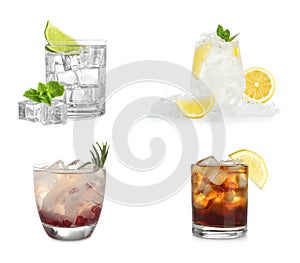 Set of different delicious cocktails with ice cubes on background
