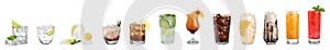 Set of different delicious cocktails with ice cubes on background. Banner design