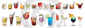 Set of different delicious cocktails on white