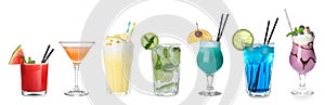 Set of different delicious cocktails on white