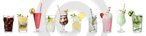 Set of different delicious cocktails on white