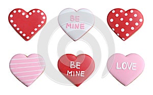 Set with different delicious heart shaped cookies on white background. Valentine\'s Day