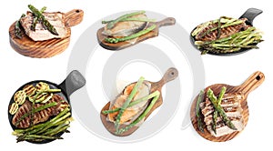 Set of different delicious meals with asparagus on background, banner design