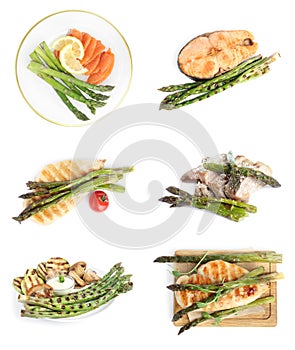 Set of different delicious meals with asparagus on background, top view