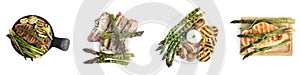 Set of different delicious meals with asparagus on background, top view. Banner design