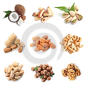 Set of different delicious organic nuts on white background