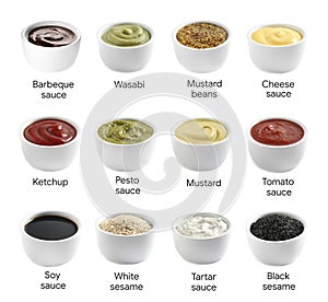 Set of different delicious sauces and condiments on background photo