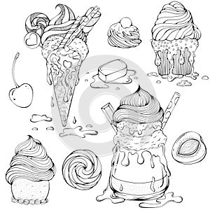 Set of different desserts with ice cream line art