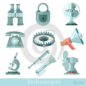 Set of different device in flat istyle, on white background. Trap, telephone, fan, lock; spyglass, megaphone, binoculars, microsco