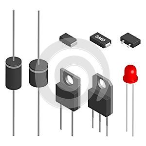 Set of different diodes in 3D, vector illustration.