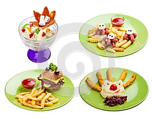 Set of different dishes of children`s menu. On white background. Meals for children