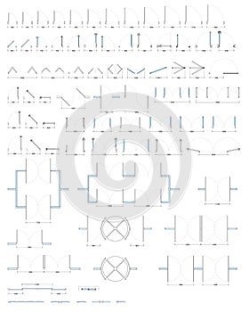 Set of different doors and windows with dimensions in plan view. Vector drawing. Isolated doors in the top view. Architectural