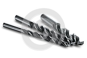 Set of different drill bits on isolated background