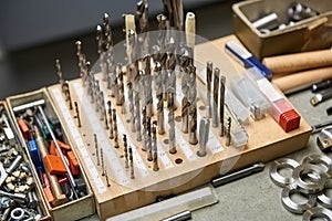 Set of different drill bits.