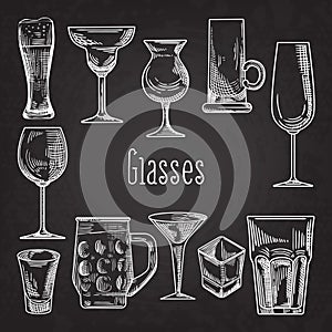Set of Different Drink Glasses. Stemware Hand Drawn Doodle on Chalkboard