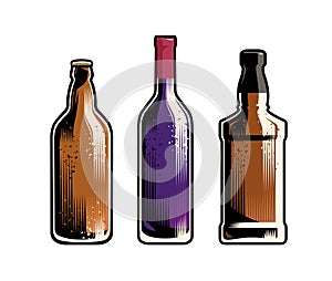Set of different drinks and bottles. Retro vector illustration