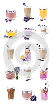 Set of different drinks with lavender on white background