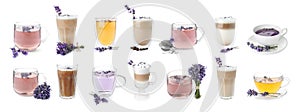 Set of different drinks with lavender on white background. Banner design