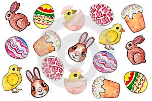 Set of different Easter elements of holiday symbols. Watercolor, black outline. Isolated on white background.