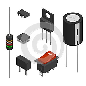 Set of different electronic components in 3D, vector illustration.