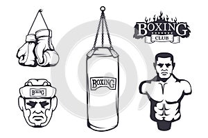 Set of different elements for box design - boxing gloves, boxer man, boxing helmet, boxing belt, punching bag. Sports equipment