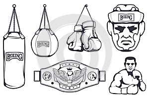 Set of different elements for box design - boxing gloves, boxer man, boxing helmet, boxing belt. Sports equipment set. Fitness