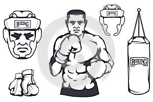 Set of different elements for box design - boxing helmet, punching bag, boxing gloves, boxer man. Sports equipment set. Fitness