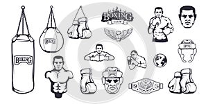 Set of different elements for box design - boxing helmet, punching bag, boxing gloves, boxing belt, boxer man.