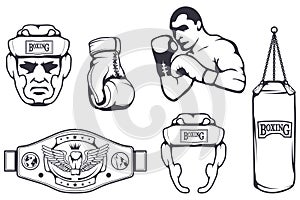 Set of different elements for box design - boxing helmet, punching bag, boxing gloves, boxing belt, boxer man. Sports equipment