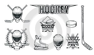 Set of different elements for hockey playing. Hockey helmet. Professional ice skates illustration. Ice Games logo. Goalkeeper mask