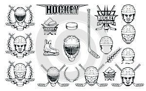 Set of different elements for hockey playing. Hockey helmet. Professional ice skates illustration. Skull with hockey helmet.