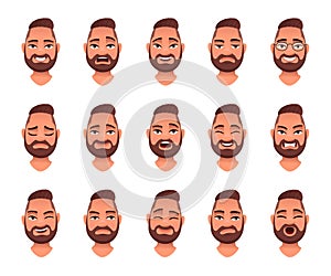Set of different emotions of a bearded man. Facial expression. Smile, happiness, anger, sadness, surprise, fear, etc. Vector