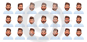 Set of different emotions of a bearded man. Fear, surprise, happiness, anger, envy. Facial expression