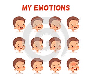 Set of different emotions of a boy. Poster for the development of emotional intelligence in children. Facial expressions
