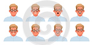 Set of different emotions business man. Happiness, surprise, anger, sadness. Collection of facial expressions