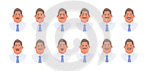 Set of different emotions of a character businessman or office clerk. Emoji mustache man facial expressions