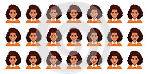 Set of different emotions of a cute black woman with black curly hair. Facial expression of a beautiful stylish young african girl