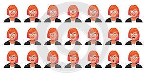 Set of different emotions of a cute caucasian woman with red hair. Facial expression of a beautiful stylish young girl in glasses