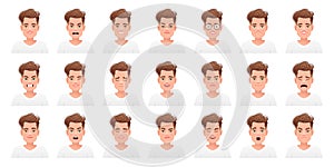 Set of different emotions of a cute white guy in a t-shirt. Facial expression of handsome stylish young man. Smile, happiness,