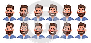 Set of different emotions male character. Handsome man emoji with various facial expressions