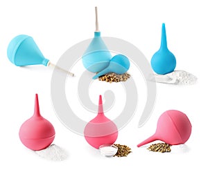 Set with different enemas on white background