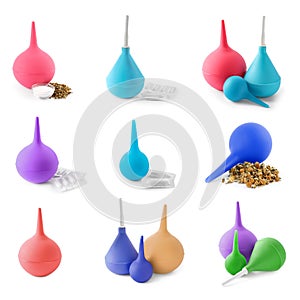 Set with different enemas on white background