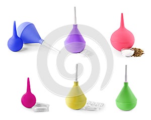 Set with different enemas on white background