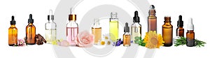 Set of different essential oils used in aromatherapy on white background, banner design