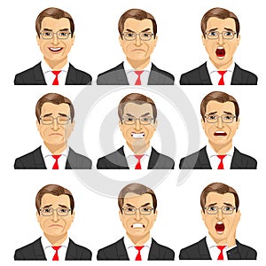 Set of different expressions of the same middle aged businessman with glasses